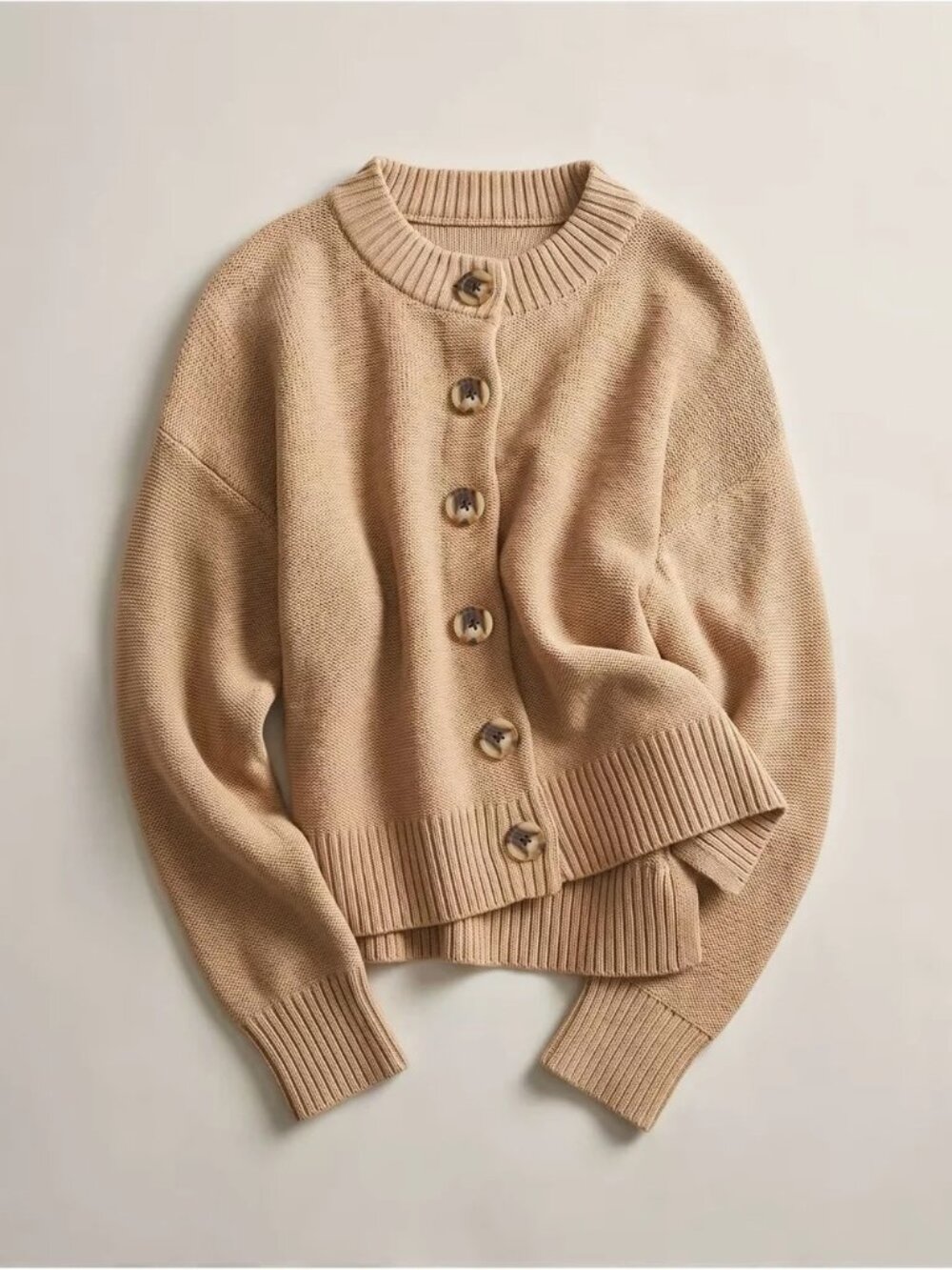 Quince 100% Organic Cotton Cropped Beige Rib-Trim Button Front Sweater Cardigan